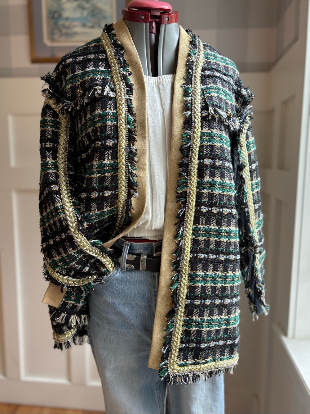Fiona Chen Fringed Tweed Open Cardigan Jacket - Black, Green, Cream - Picture 2 of 11